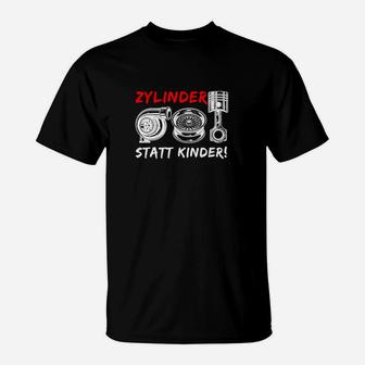 Motorbegeistertes T-Shirt 'Zylinder statt Kinder', Motorgrafik - Schwarz - Seseable