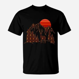 Mountains And Setting Sun Print Using Deer Pattern T-Shirt | Crazezy