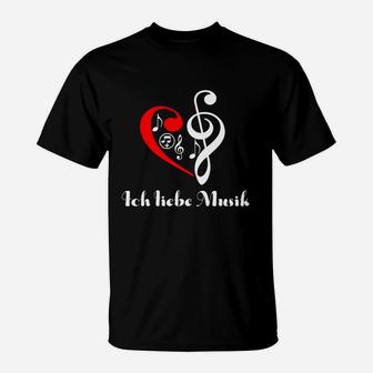 Musikliebhaber T-Shirt Herz & Notenschlüssel, Ich liebe Musik Schwarzes Tee - Seseable
