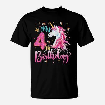My 4Th Birthday Pink Unicorn Donut 4 Year Old For Girls Kids T-Shirt | Crazezy