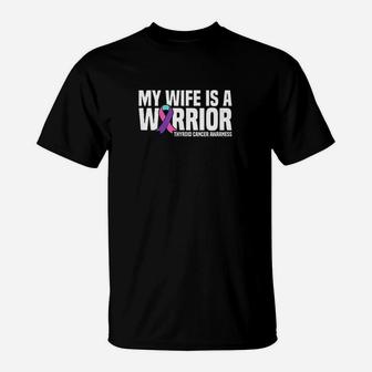 My Wife Is A Warrior Purple Ribbon Thyroid Awareness T-Shirt | Crazezy