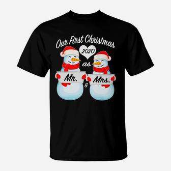 Our First Christmas As Mr And Mrs Matching Pj Snowman Couple T-Shirt | Crazezy