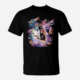 Outer Space Pizza Cat Rainbow Laser T-Shirt | Crazezy