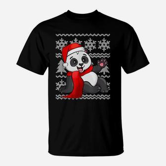 Panda Santa Hat Scarf Ugly Christmas Sweater Holiday Gift T-Shirt | Crazezy