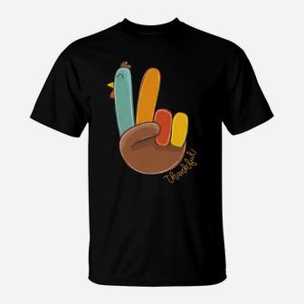 Peace Love Turkey Thankful Turkey Hand Sign Thanksgiving T-Shirt | Crazezy CA
