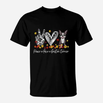 Peace Loves Boston Terrier Autumn Leaves Thanksgiving Gifts T-Shirt | Crazezy CA