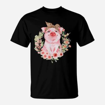 Pig With Leopard Headband Flower Tshirt Cute Pig Lover Gifts T-Shirt | Crazezy