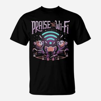 Praise The Wifi Funny Evil Worship Cats T-Shirt | Crazezy UK