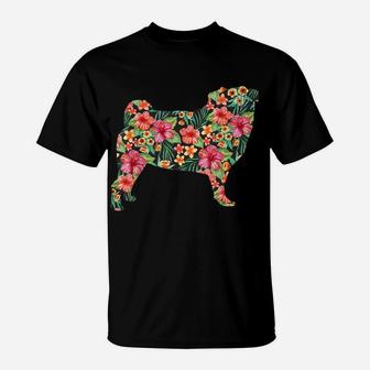Pug Flower Funny Dog Silhouette Floral Gifts Women Men T-Shirt | Crazezy UK