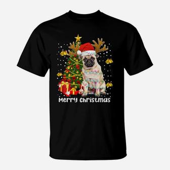 Pug Santa Christmas Tree Lights Xmas Reindeer Funny Pug Dog T-Shirt | Crazezy CA