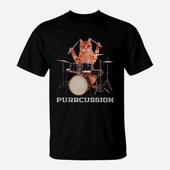 Purrcussion - Funny Cat Drummer On Drum Set Percussion Pun T-Shirt | Crazezy