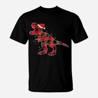 Red Plaid Dinosaur Christmas Lights Funny Santa Hat Sweatshirt T-Shirt | Crazezy