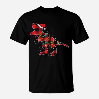 Red Plaid Dinosaur Christmas Lights Funny Santa Hat Zip Hoodie T-Shirt | Crazezy
