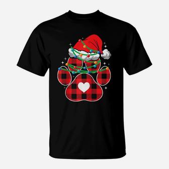 Red Plaid Dog Paw Print Christmas Lights Funny Santa Hat Raglan Baseball Tee T-Shirt | Crazezy
