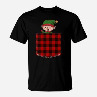 Red Plaid Elf In Pocket Buffalo Family Pajama Christmas T-Shirt | Crazezy