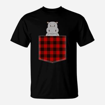 Red Plaid Hippopotamus In Pocket Buffalo Family Pajama Hippo T-Shirt | Crazezy