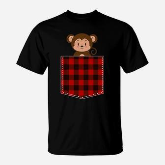 Red Plaid Monkey In Pocket Buffalo Family Pajama Christmas T-Shirt | Crazezy