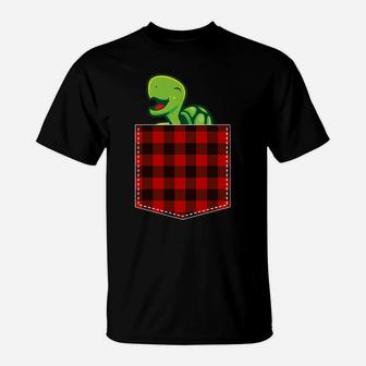 Red Plaid Turtle In Pocket Buffalo Family Pajama Christmas T-Shirt | Crazezy