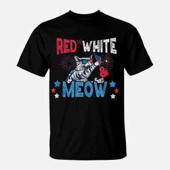 Red White & Meow Shirt Funny Cat Celebrating 4Th Of July T-Shirt | Crazezy