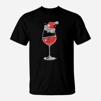 Red Wine Glass Christmas Funny Santa Hat Xmas Holiday Gifts T-Shirt | Crazezy