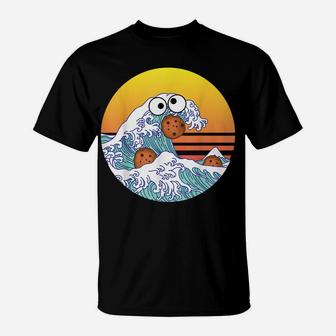 Retro Great Wave Monster Eating Cookies Funny Cookie Wave T-Shirt | Crazezy UK