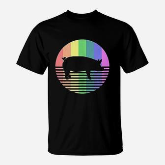 Retro Pig Rainbow Pig Farm Animal T-Shirt | Crazezy DE