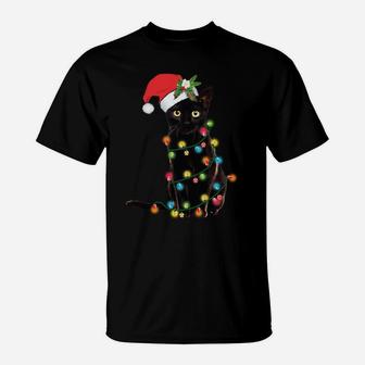 Santa Black Cat Wrapped Up In Christmas Tree Lights Holiday T-Shirt | Crazezy UK