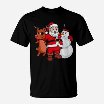Santa Claus Hugging Snowman And Reindeer T-Shirt - Monsterry