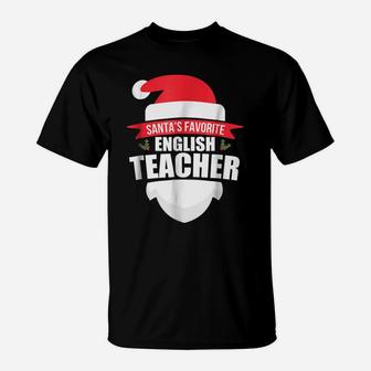Santa's Favorite English Teacher Funny Christmas Tee T-Shirt | Crazezy