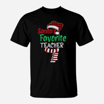 Santa's Favorite Teacher Funny Christmas Santa Red Plaid T-Shirt | Crazezy CA