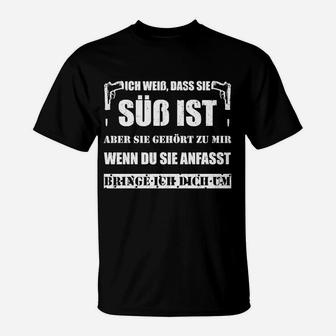 Schwarzes T-Shirt Ich weiß, dass sie süß ist in Weißer Schrift, Lustiges Spruch-Shirt - Seseable