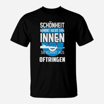 Schwarzes T-Shirt mit Schönheit aus Oftringen Spruch, Humorvolles Design - Seseable