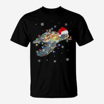 Sea Turtle Christmas Lights Funny Santa Hat Merry Christmas T-Shirt | Crazezy
