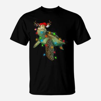 Sea Turtle Christmas Lights Funny Santa Hat Merry Christmas T-Shirt | Crazezy AU