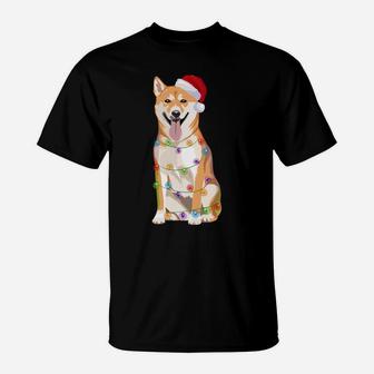Shiba Inu Christmas Lights Xmas Dog Lover Santa Hat T-Shirt | Crazezy UK
