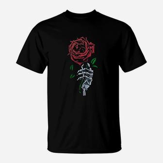 Skeleton Hand Red Rose Flower T-Shirt | Crazezy