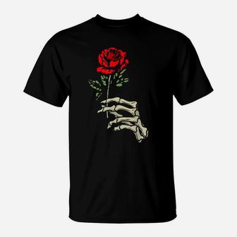 Skeleton Hand With Red Flower Roses T-Shirt | Crazezy UK