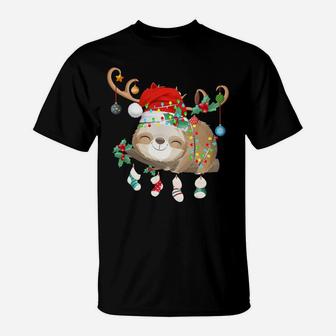 Sloths Xmas Gift Lighting Reindeer Santa Hat Sloth Christmas Sweatshirt T-Shirt | Crazezy