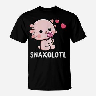 Snaxalotl Funny Axolotl Pun Candy Love Snacks Eating Fish T-Shirt | Crazezy