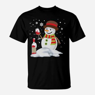 Snowman Drinking Red Wine Funny Partner Matching Couple T-Shirt | Crazezy