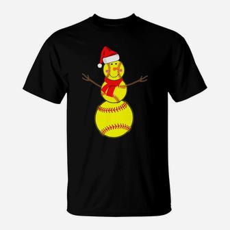 Softball Snowman Christmas Santa Hat Scarf Matching Pajama T-Shirt | Crazezy