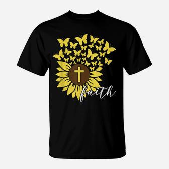 Sunflower Faith Cross Butterflies Christian Religious Flower T-Shirt | Crazezy AU