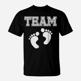 Team Boy Baby Shower Gender Reveal Party White Feet On Blue T-Shirt | Crazezy