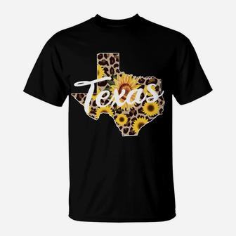 Texas Girl Sunflower Leopard Rustic Black State Pride T-Shirt | Crazezy