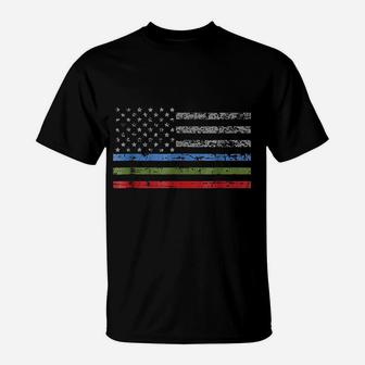 Thin Blue Green Red Line American Flag T-Shirt | Crazezy