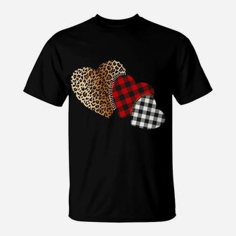 Three Hearts Leopard Plaid Girls Valentine's Day Girl Kids T-Shirt | Crazezy