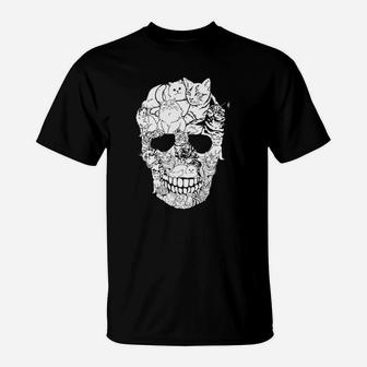 Totenkopf T-Shirt mit Katzenmotiv, Schwarz, Lustiges Katzenliebhaber Design - Seseable