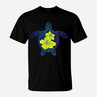 Tribal Sea Turtle With Hibiscus Flower Hawaii Vacation Beach T-Shirt | Crazezy