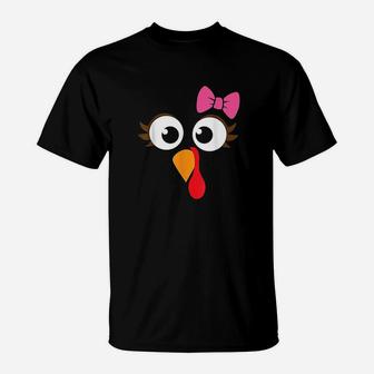 Turkey Face Girl Pink Bow Kids Thanksgiving Gift T-Shirt | Crazezy AU