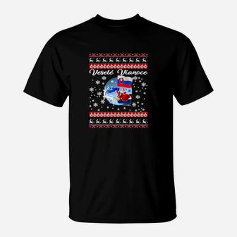 Ugly Christmas Tee mit Weihnachtspullover-Design & Weltkarte, Schwarzes T-Shirt - Seseable